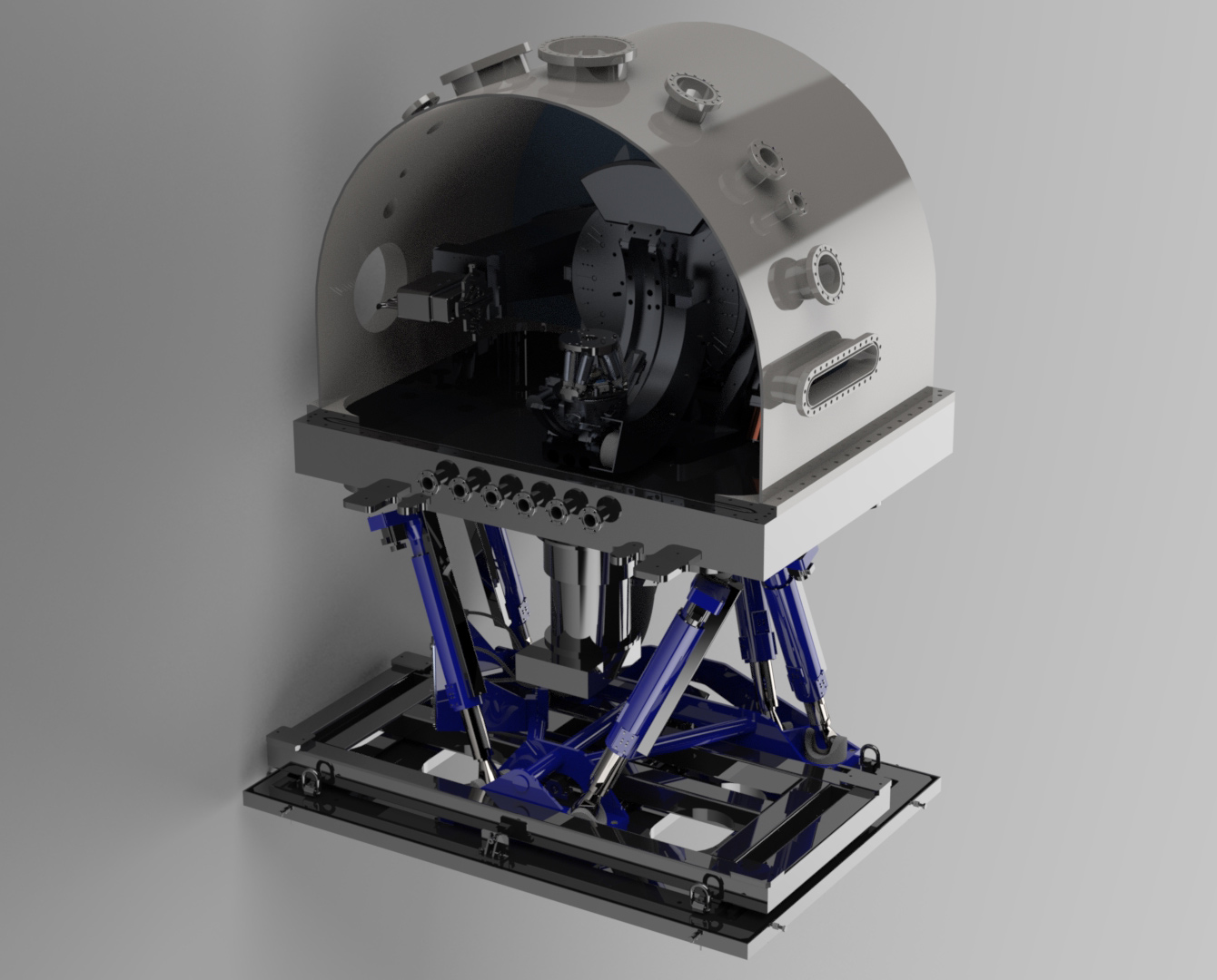 SSYMETRIE Diffractomètre sous vide pour le synchrotron SOLEIL. 1 hexapode BORA et 4 cercles Huber dans une chambre à vide sur un hexapode JORAN
